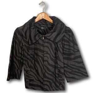 Ruffle Collar Black Animal Print Blazer Jacket 3/4 Cuffed Sleeves Pockets Size M